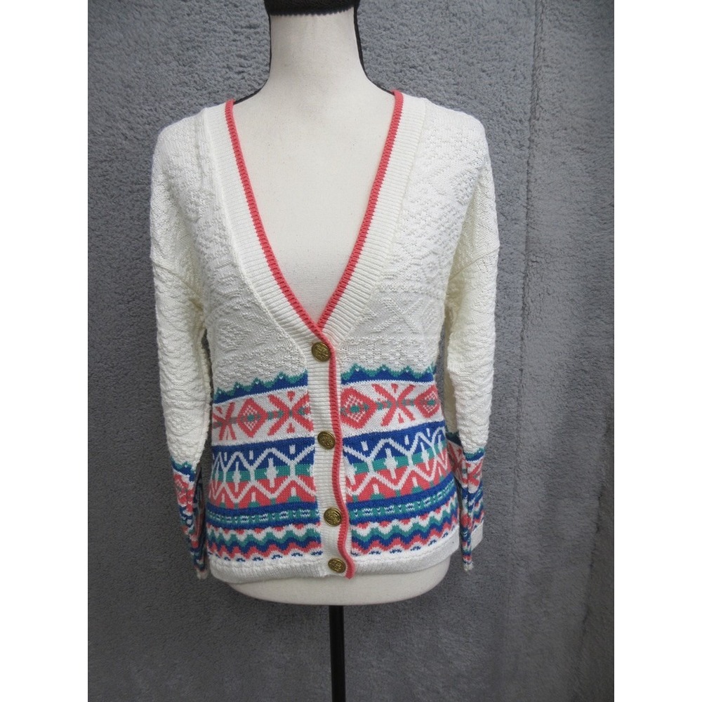 Vintage David Brett Fair Isle Cardigan Women L Cream Southwestern Nordic Retro